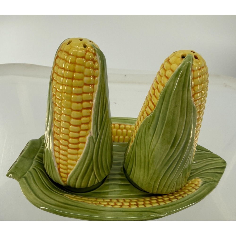 Corn on the Cob Salt & Pepper Shakers with Matching Tray Ceramic Farmhouse Kitch